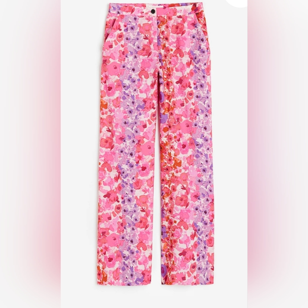 H&M Pink and Purple Floral Wide Leg Pants    Size 8